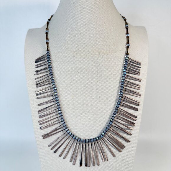 Cleopatra Fringe Necklace Silver Tone Blue Beads Long Length Statement - Picture 1 of 8
